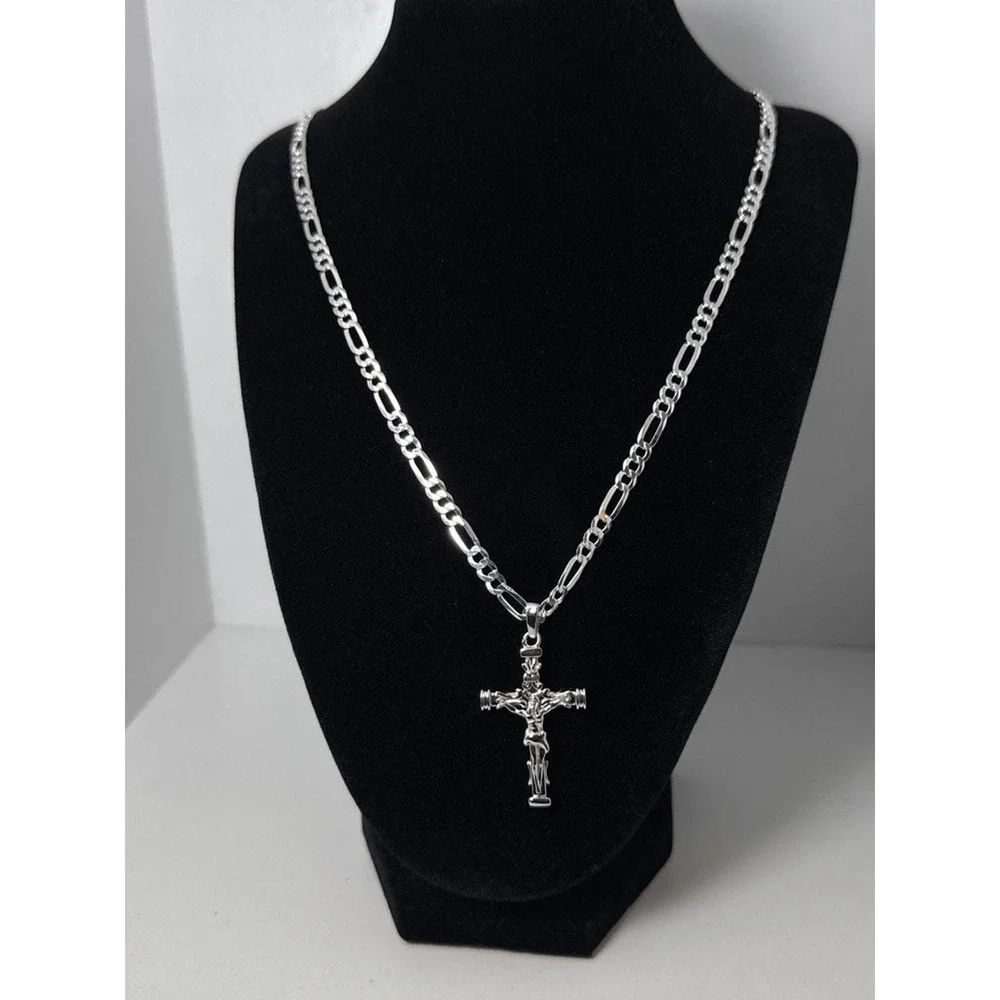 925 Sterling Silver Crucifix Cross Pendant Figaro Chain Necklace 22 Inch 16.7g